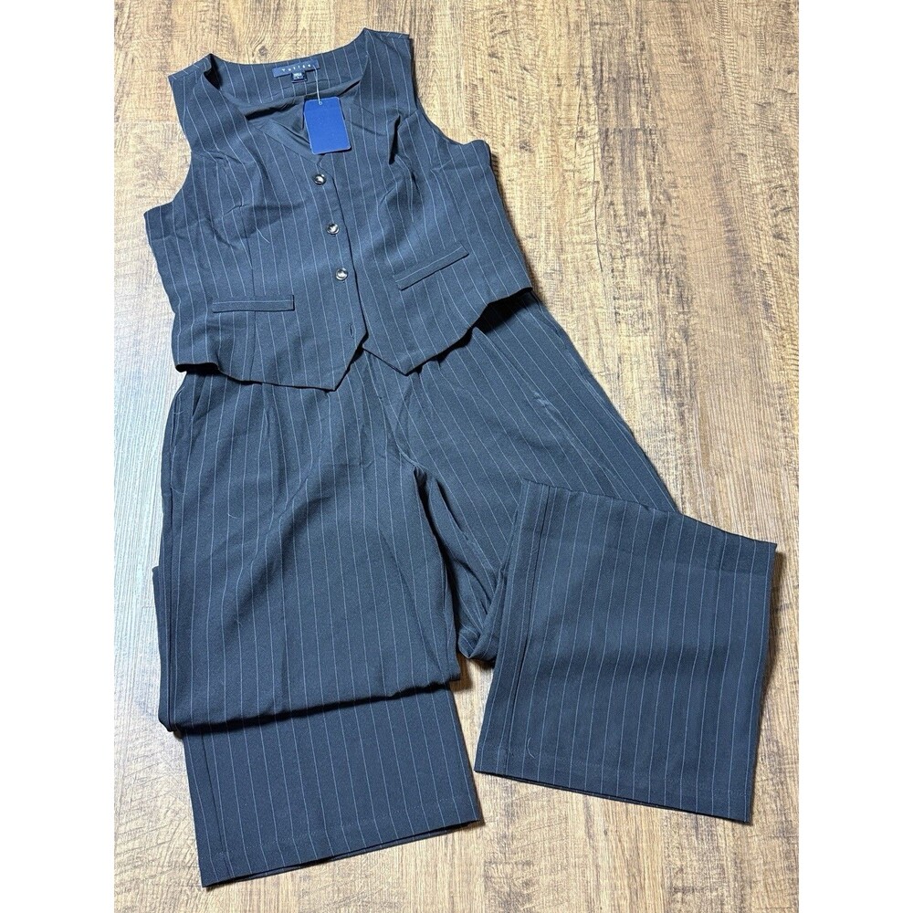 Tullea Black Striped Suit Vest Straight Leg Pants Set NWT Women's Size Large